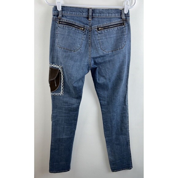 London Jean Stretch Thick Stitch Leather Patch & Pouch On Side Zip Pockets Sz 2 - Picture 5 of 11
